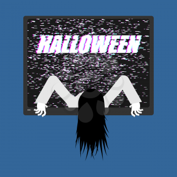 Zombie girl from TV. Zombie comes out of televisor. Interference Glitch tv. Halloween
