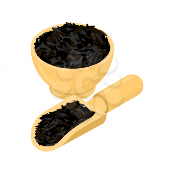 Black rice in wooden bowl and spoon. Groats in wood dish and shovel. Grain on white background. Vector illustration
