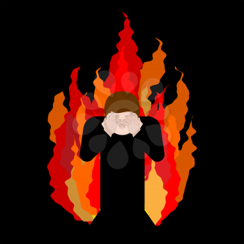 Sinner on fire. OMG. Cover face with hands. Despair and suffering. Hell fire. Vector illustration
