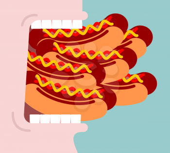 Open mouth and many hot dog. lot of fast food. Glutton portrait. Vector illustration
