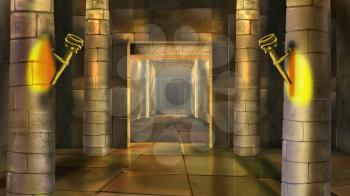 Digital painting of a Ancient Egyptian temple indoor with columns and torches.