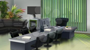 Digital painting of the Long grey table covered in computer and papers