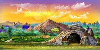 Digital painting of Stone cave in prehistoric times in Africa. Summer day view with a stones, trees and mountains. Panorama image. Long shot.