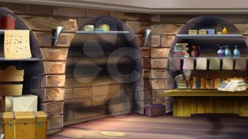 Digital painting of Castle room interior. Vault, alchemist basement.