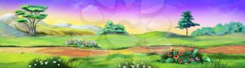 Digital painting of the landscape with trees and flowers. Panorama.