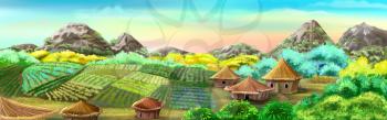 Digital painting of the Chinese Village and Rice Fields. Panorama with small houses, plants and mountains.