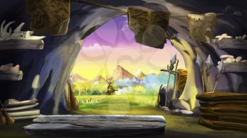 Digital painting of the exit from the stone cave. Close-up with a stones and objects. Summer day view with mountains in the background.