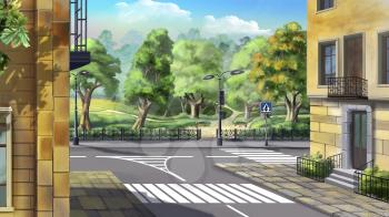 Digital painting of the Crossroad on the background of the city garden.