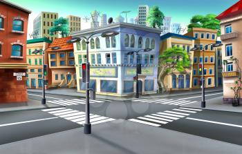 Digital painting of the urban crossroads with traffic light and crosswalk.