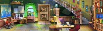 Digital painting of the room interior with stairs, lamps and many objects.