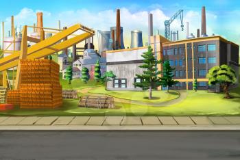 Digital painting of the Industrial landscape with factories and construction cranes.