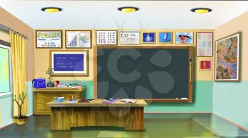 Digital painting of the Interior of classroom.  Back view with blackboard, table and educational posters.
