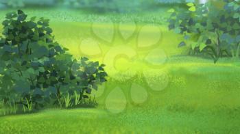 Digital painting of the grass in the meadow with bushes