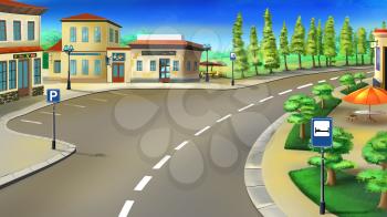Digital painting of the bus stop and small parking beside the road. With trees, flowerbeds, buildings and cafe.