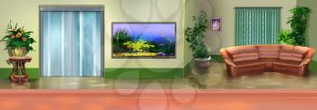 Digital painting of the Office interior with houseplants, picture and sofa. Panorama view.
