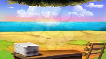Digital painting of the Discoverer residence on small pirate island. Sea view.