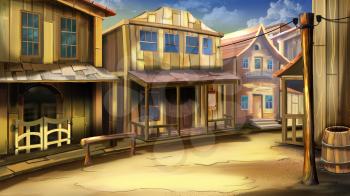 Digital painting of the main street of the town in the Wild West with houses and saloon. Long shot.