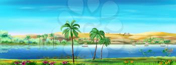 Digital painting of the Nile river landscape in the ancient times