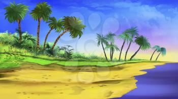 Digital painting of the tropical Beach with palms, grass and sand.