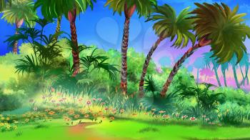 Digital painting of the tropical garden with palms, grass and flowers.