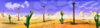 Digital painting of the wild west desert landscape with telegraph-poles and cactus. Panorama.