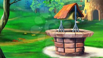 Digital painting of the stone well in the meadow.