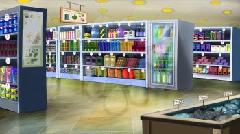 Digital painting of the supermarket interior with shelves full of goods.