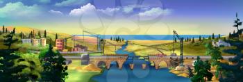 Digital painting of bridge construction. Panorama view with river, bridge and construction crane.