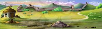 Digital painting of the Great Wall of China. Landscape with wall, mountains and green fields.