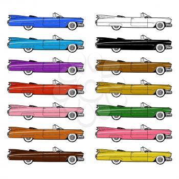 Authentic 1959 Classic Retro Car Set isolated on white background. Digital painting cartoon style illustration.