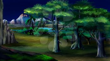 Digital painting of the acacia trees in a African summer night with mountains on background.