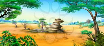 Digital painting of the African Savannah in a summer day with stone rock. Panorama.
