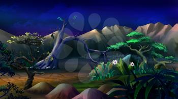 Digital painting of the African Savannah in a summer night with lonely tree and mountains on background.