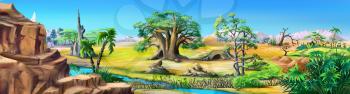 Digital painting of the African Bush in a summer day with stone rock. Panorama.