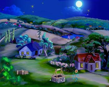 Digital Painting, Illustration of a summer night  in the village.  Cartoon Style Character, Fairy Tale  Story Background.