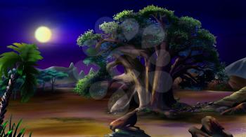 Digital painting of the African baobab in a summer night.