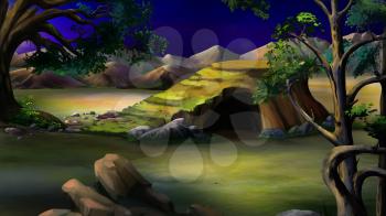 Digital painting of the African Savannah at  night with stone rock and acacia tree. Panorama.