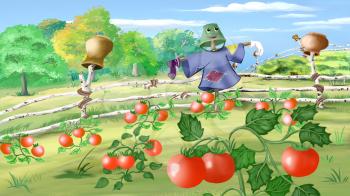 Digital painting of the Rural landscape with Scarecrow in a Kitchen Garden.