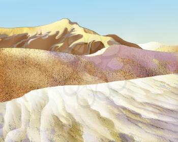 Digital Painting, Illustration of a Colorful Sand dunes in the desert in a hot summer day.  Cartoon Style Character, Fairy Tale Story Background.