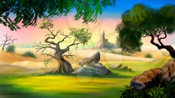 Digital painting of the African Savanna in a summer day with small tree and big rock.
