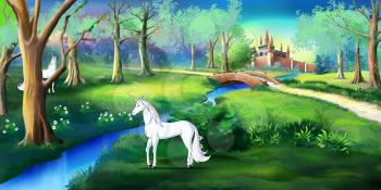 White Unicorn in a magic forest near a fairy tale castle. Digital painting  cartoon style full color illustration.