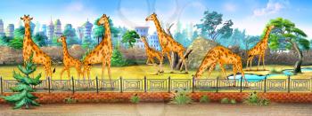 Giraffes waiting for a children at the Zoo.  Digital painting  cartoon style full color illustration.