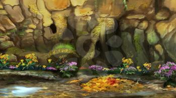 Autumn Leaves and flowers on the ground at the foot of a mountain. Digital Painting Background, Illustration.