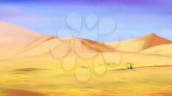 Digital Painting, Illustration of the Sand dunes under a blue sky in a desert.  Cartoon Style Character, Fairy Tale Story Background.