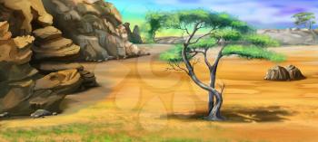 Digital Painting, Illustration of a acacia tree near the rocky mountains.  Cartoon Style Character, Fairy Tale  Story Background.