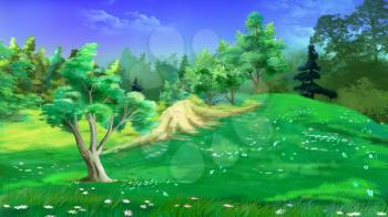 Idyllic Landscape with Grass and Flowers in a Summer Day. Digital Painting Background, Illustration in cartoon style character.