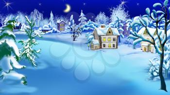 Winter Night in the Snowy Suburbs  at Christmas Eve.  Handmade illustration in a classic cartoon style.