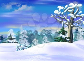 Snowdrifts  in a Winter Forest Clearing. Handmade illustration in a classic cartoon style.