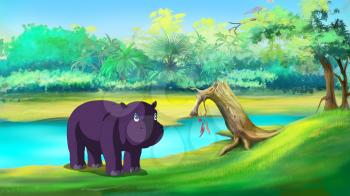 Little Hippo near the River. Digital painting  cartoon style full color illustration.
