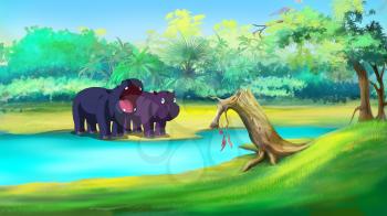 Two Little hippo go Swimming in the River in a sunny summer day. Digital painting  cartoon style full color illustration.